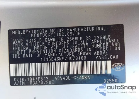 2007 Toyota Camry Le из США, поврежденный, VIN 4T1BE46K97U078480